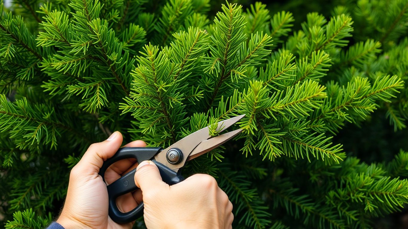 Gardener pruning a healthy cedar tree with shears.