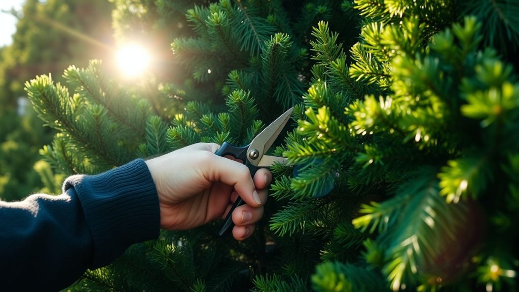 xGardener pruning a healthy, green cedar tree.