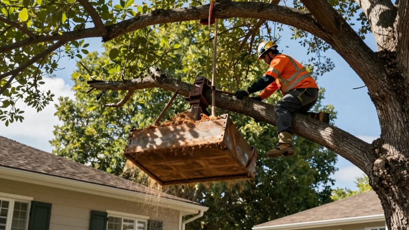 Tree cutting service worker felling an overgrown tree branch. Tree cutting service worker felling an overgrown tree branch.