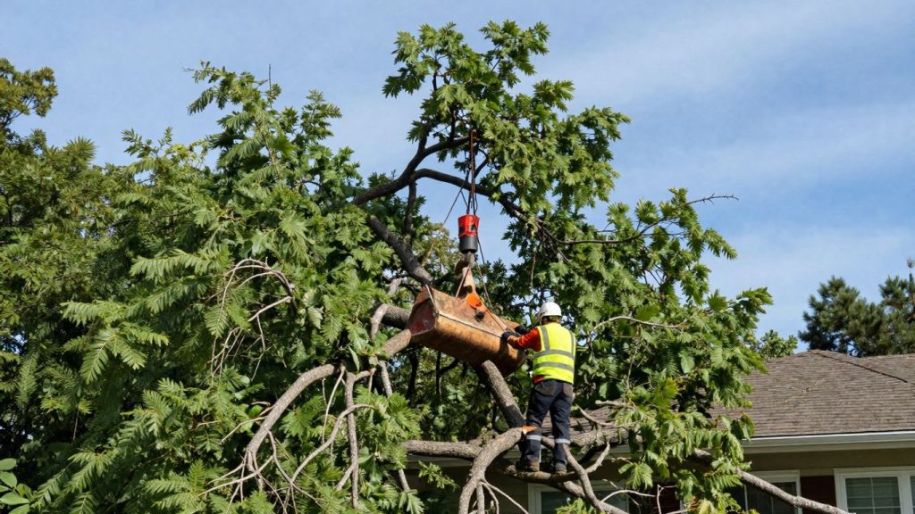 worker removing a large tree branch.
